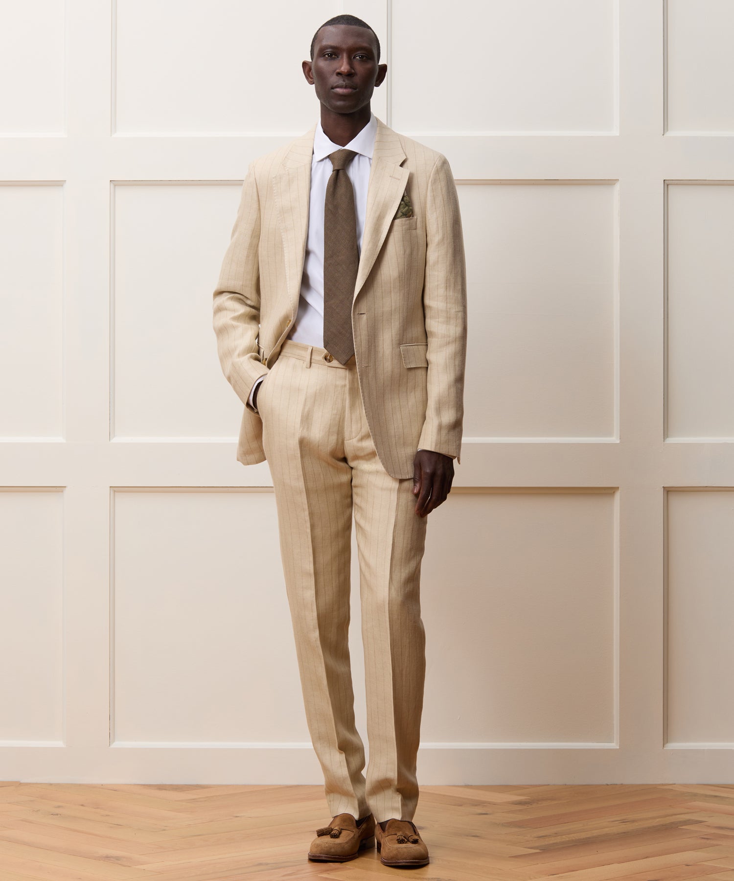 Italian Linen Silk Sutton Suit in Tan Pinstripe