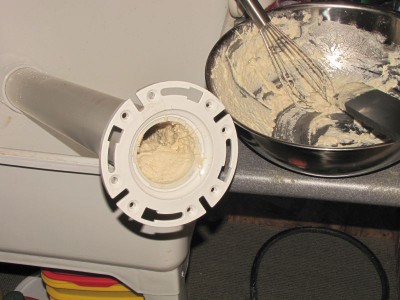 Syringe loaded with super thick pancake batter.